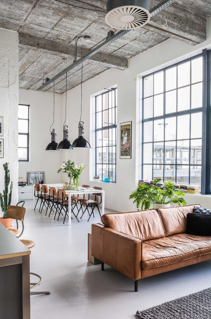 living room with industrial cream leather sofa with metal frame