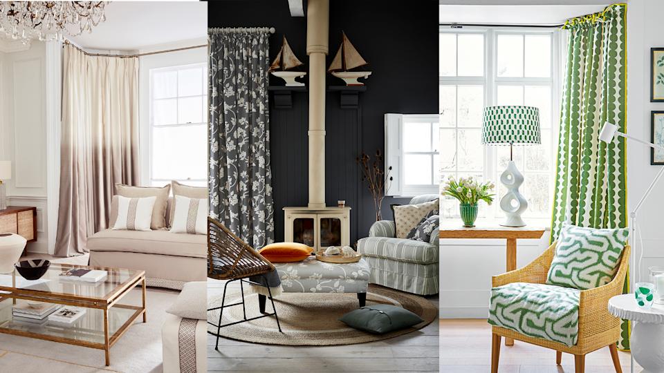 a stunning living room with fabric curtains