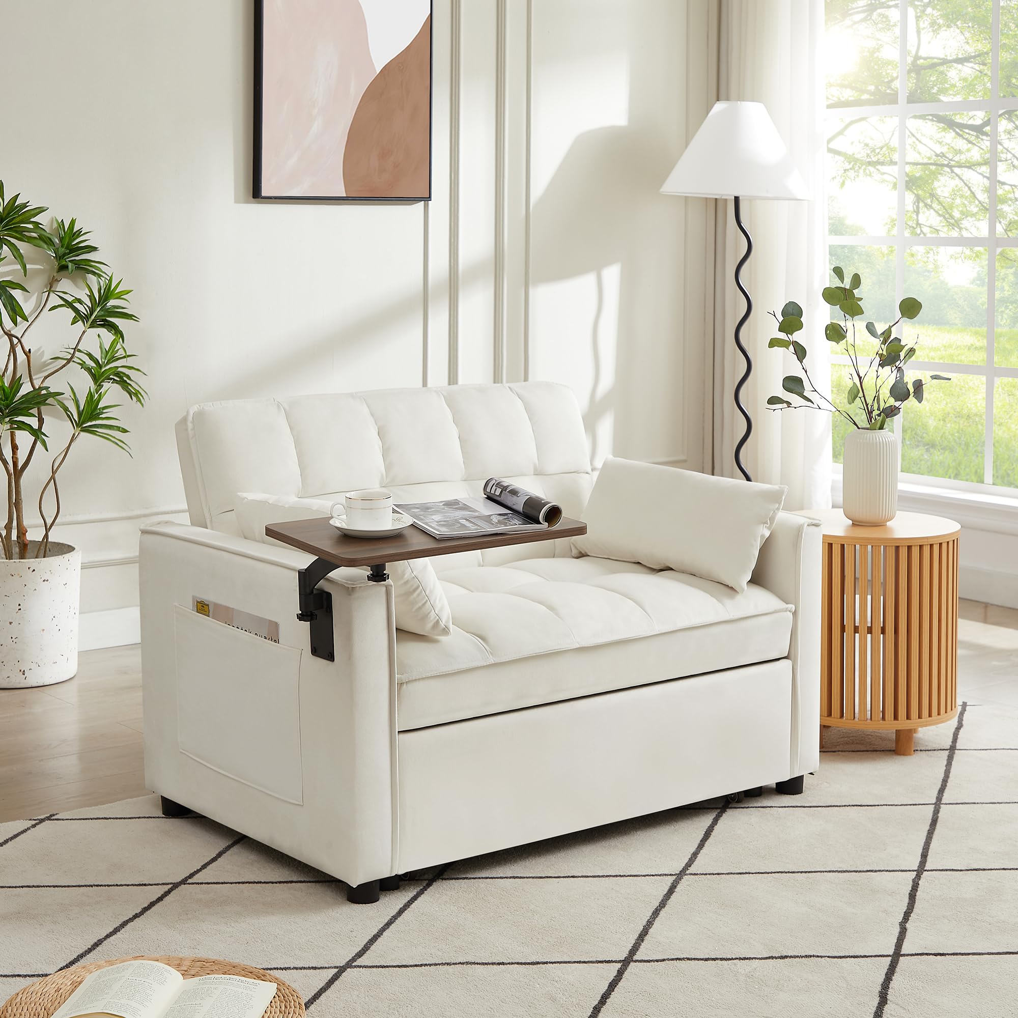 living room with convertible cream sleeper sofa for guests