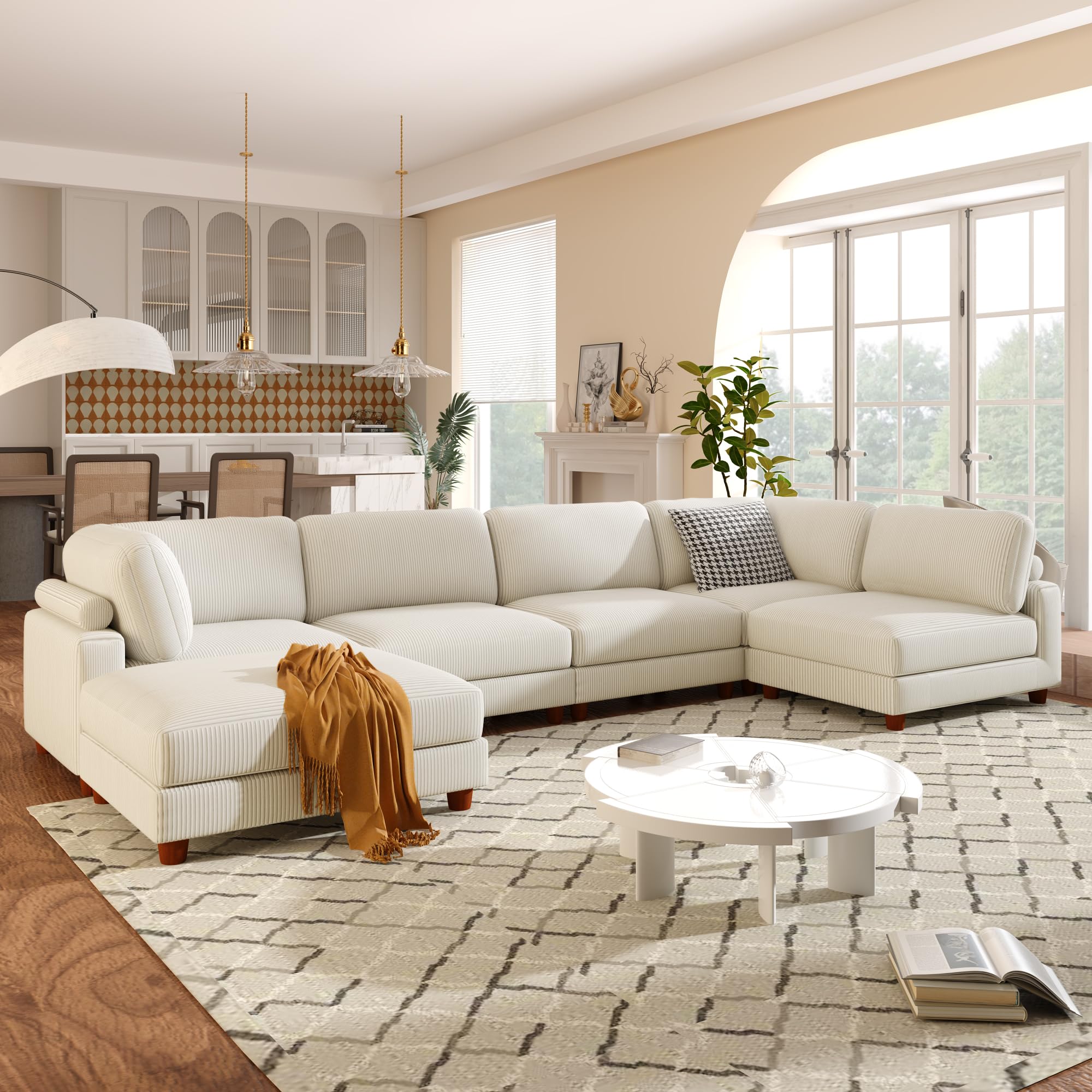 living room with sectional cream linen sofa for large families