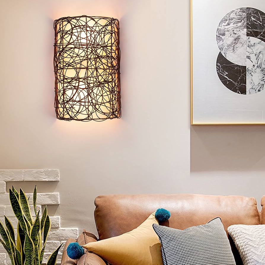 living room with hand-crafted wall lamps in natural materials