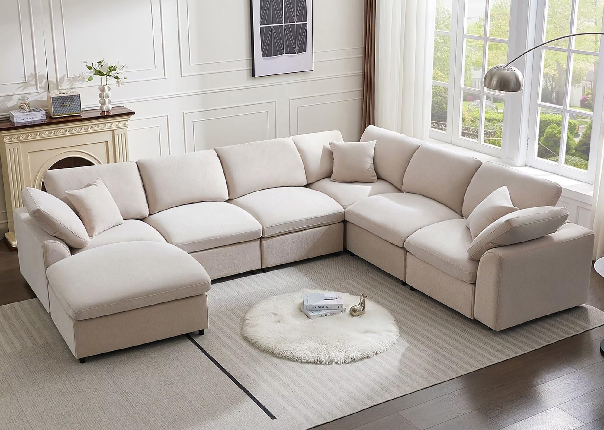 living room with oversized cream chenille sofa for ultimate comfort
