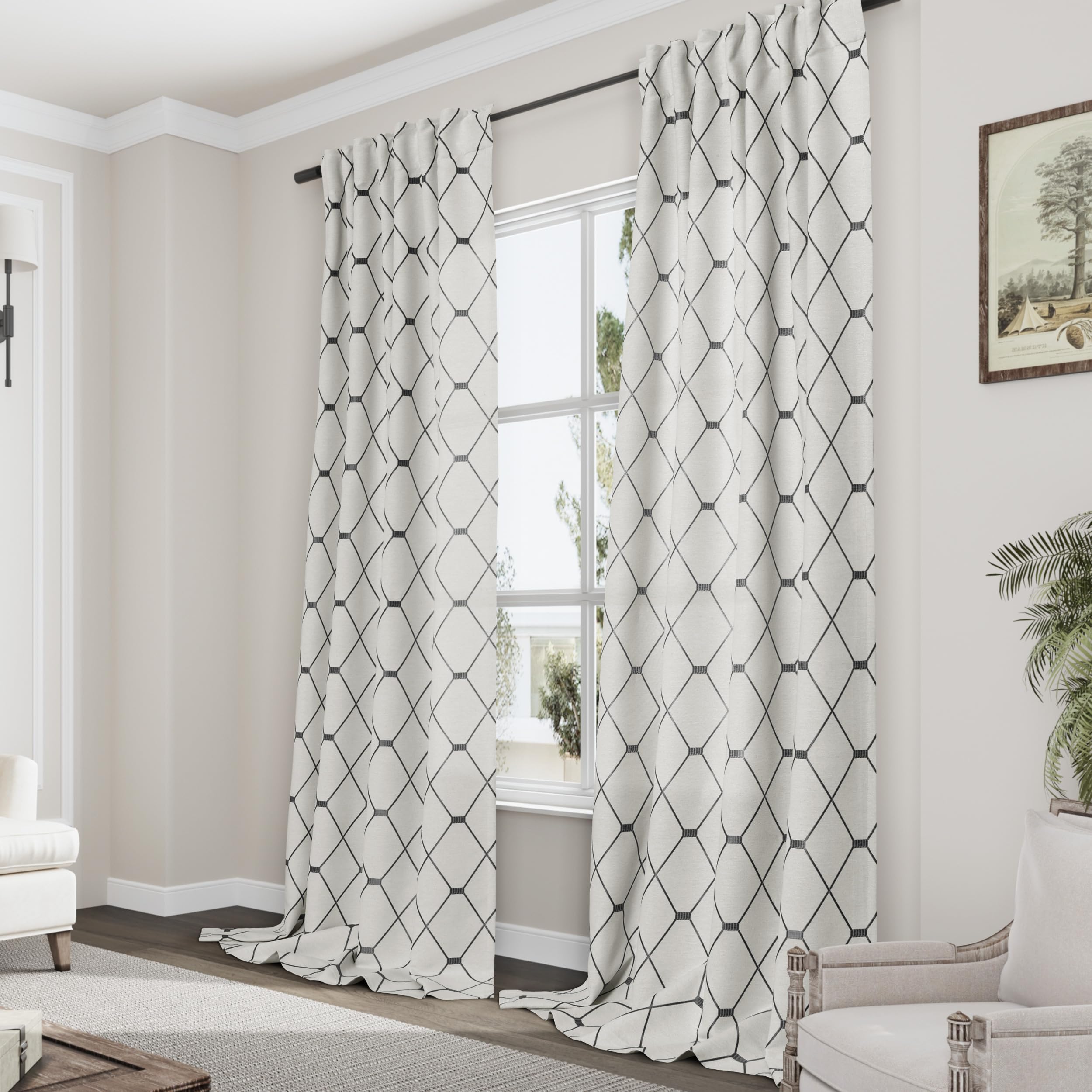 a stunning living room with geometric patterned curtains