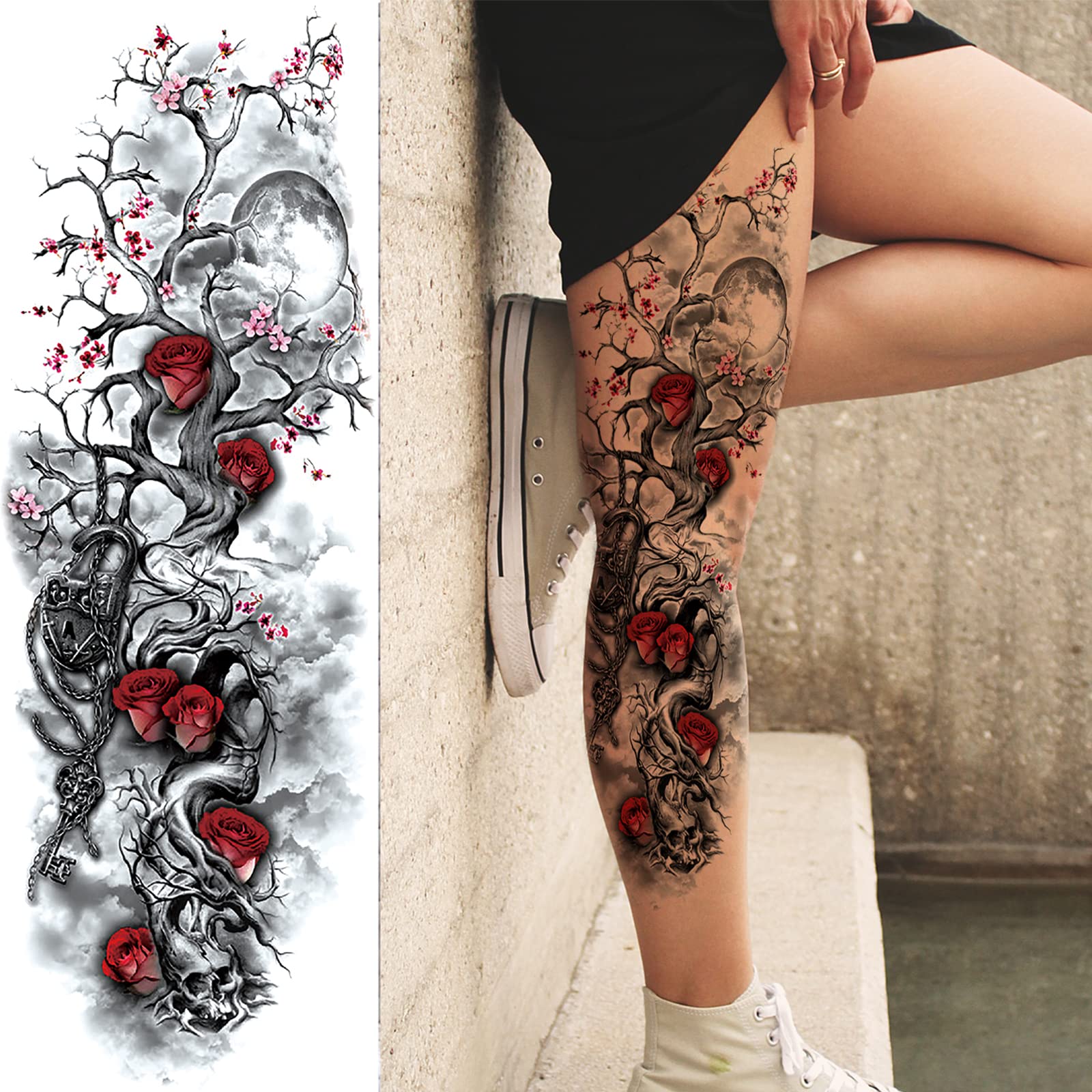 skull and roses leg sleeve tattoo