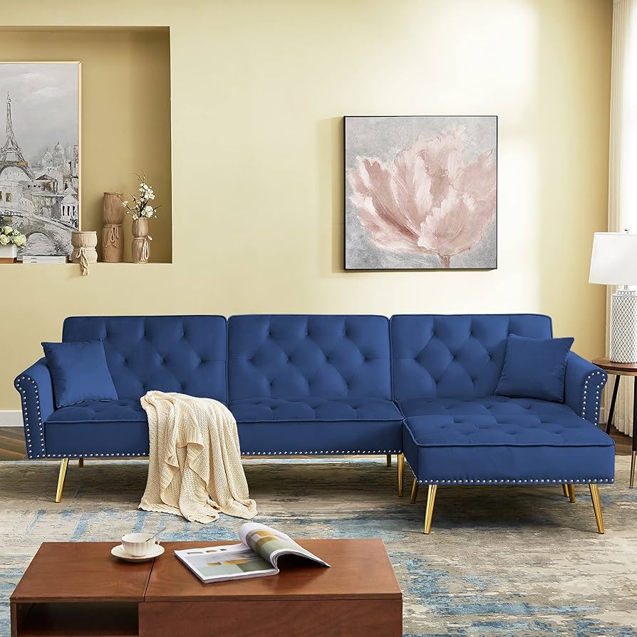 living room with small space navy blue couch with reversible cushions