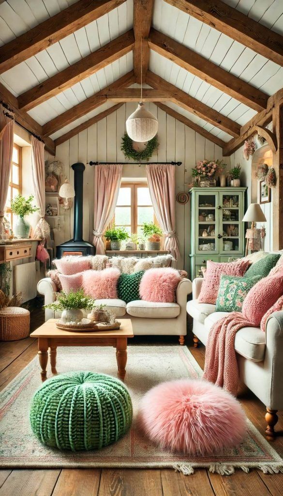 a pink and green living room with green storage baskets