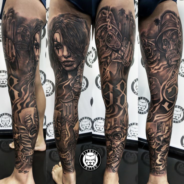 black and gray realism leg sleeve tattoo