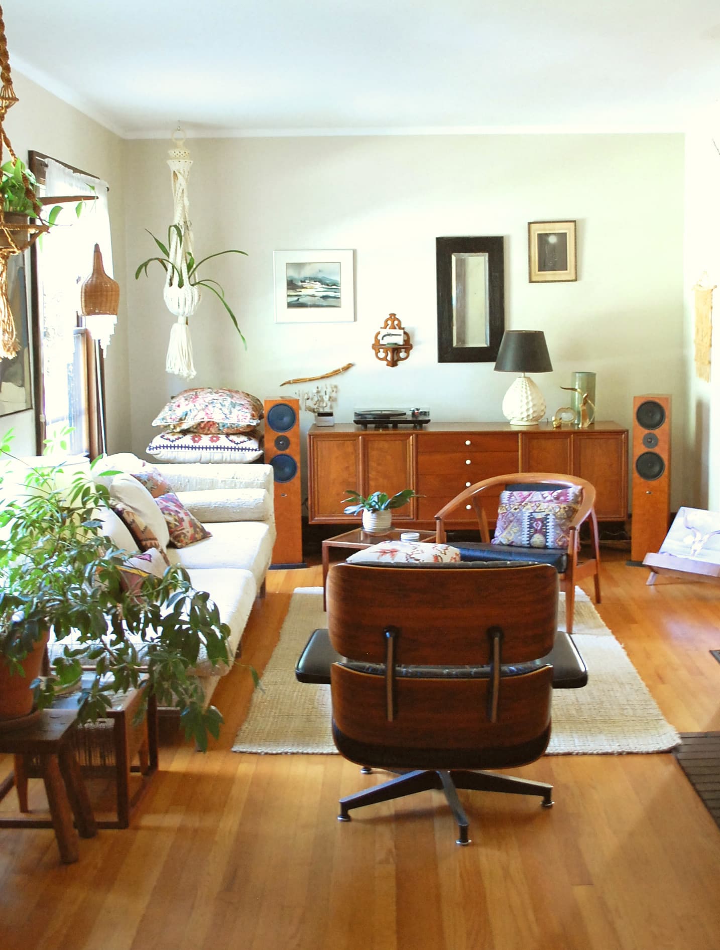 a vintage living room with record player