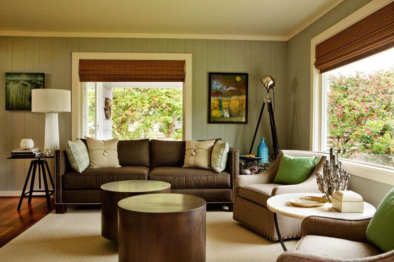 living room with transitional green and brown color palette with textured wallpaper