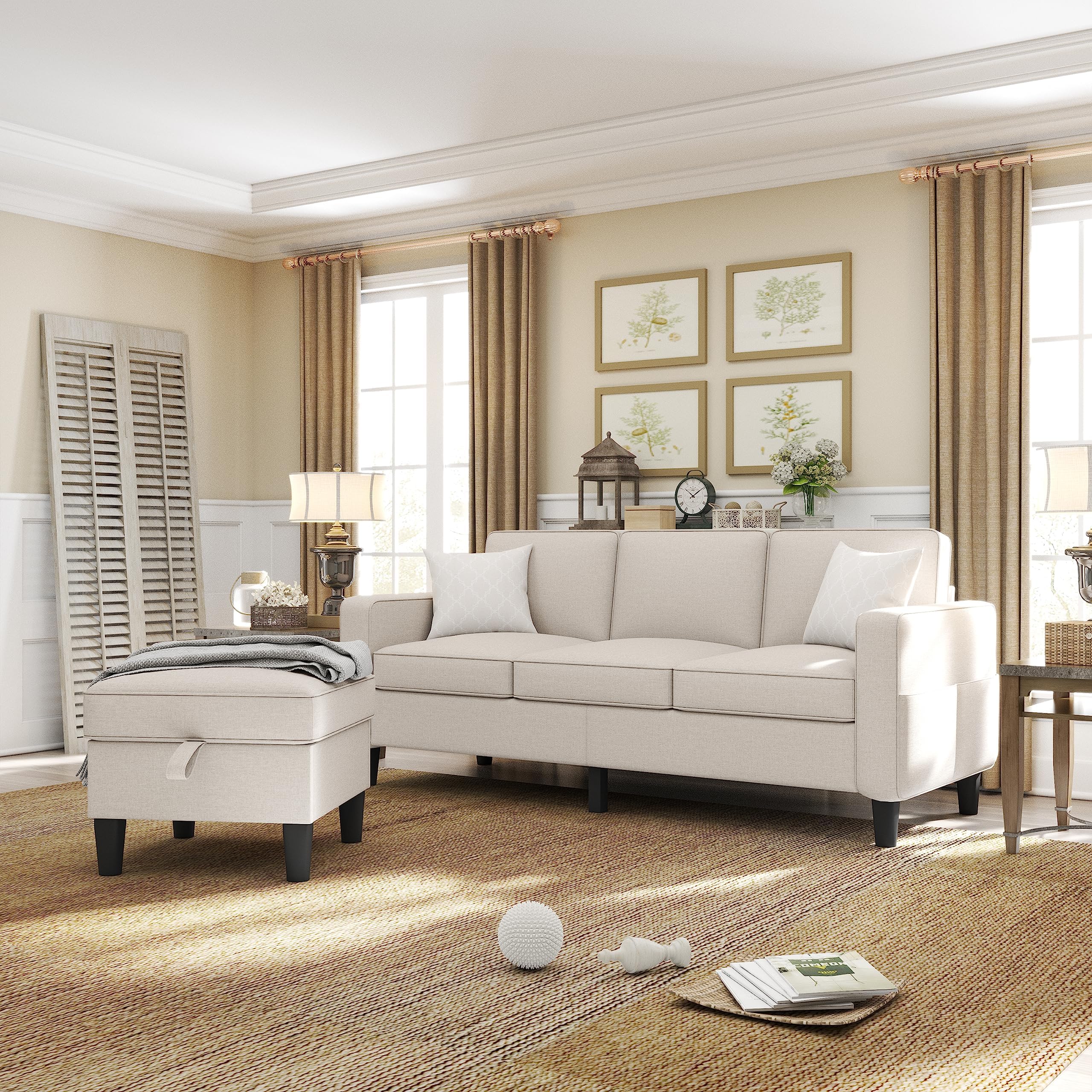 living room with minimalist cream linen sofa with hidden storage