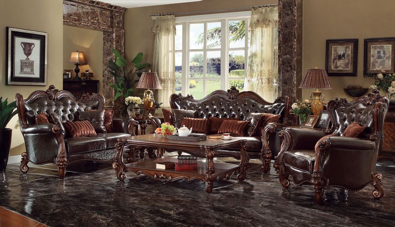 a vintage living room with dark wood furniture