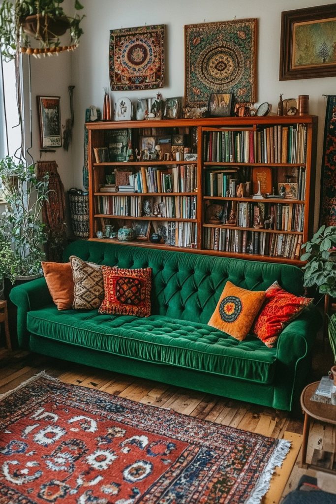 living room with eclectic green and brown color palette with global textiles