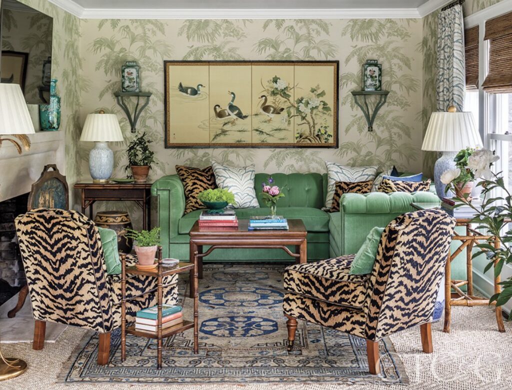 a vintage living room with art deco elements