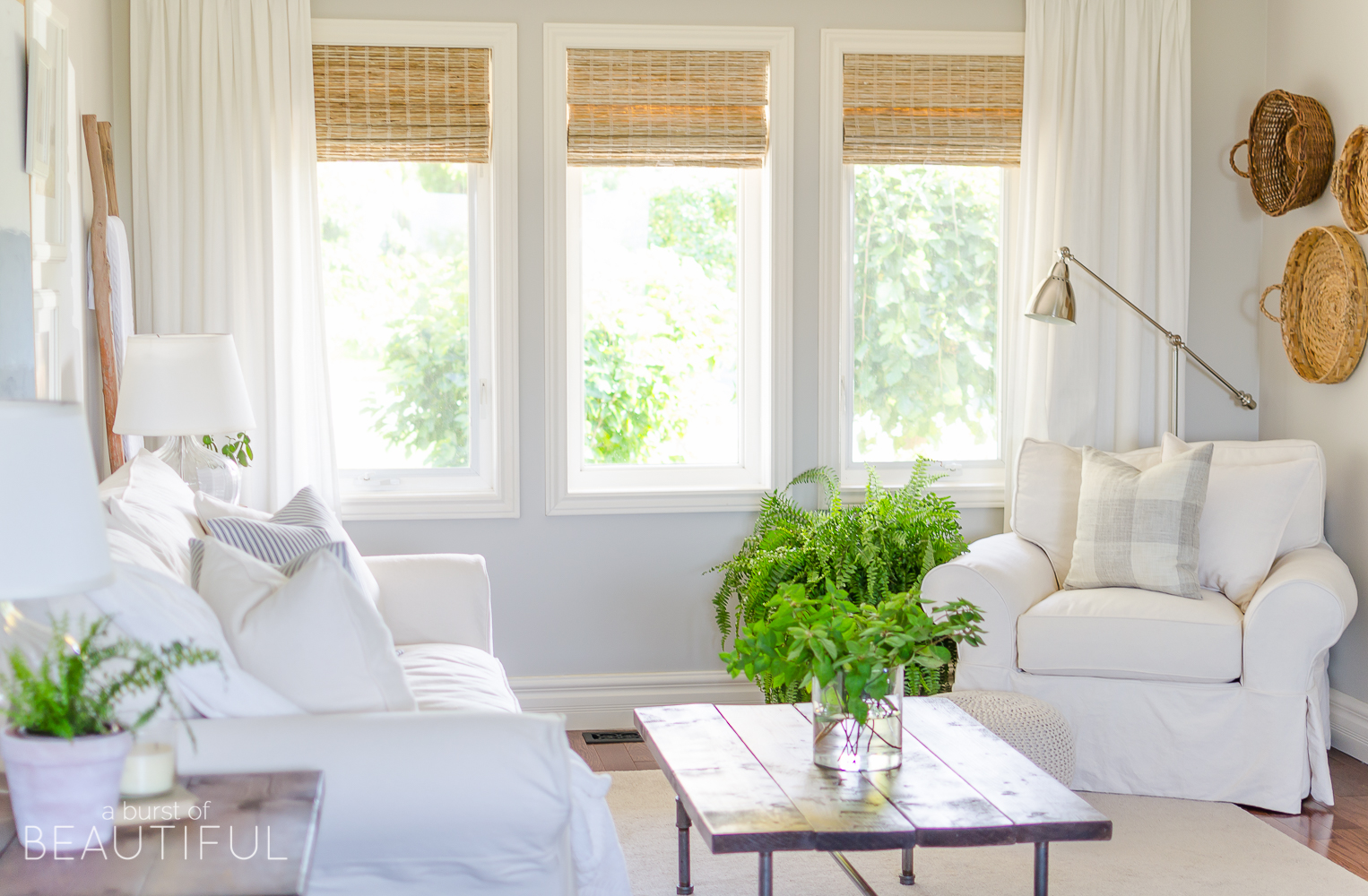 a stunning living room with natural woven shade