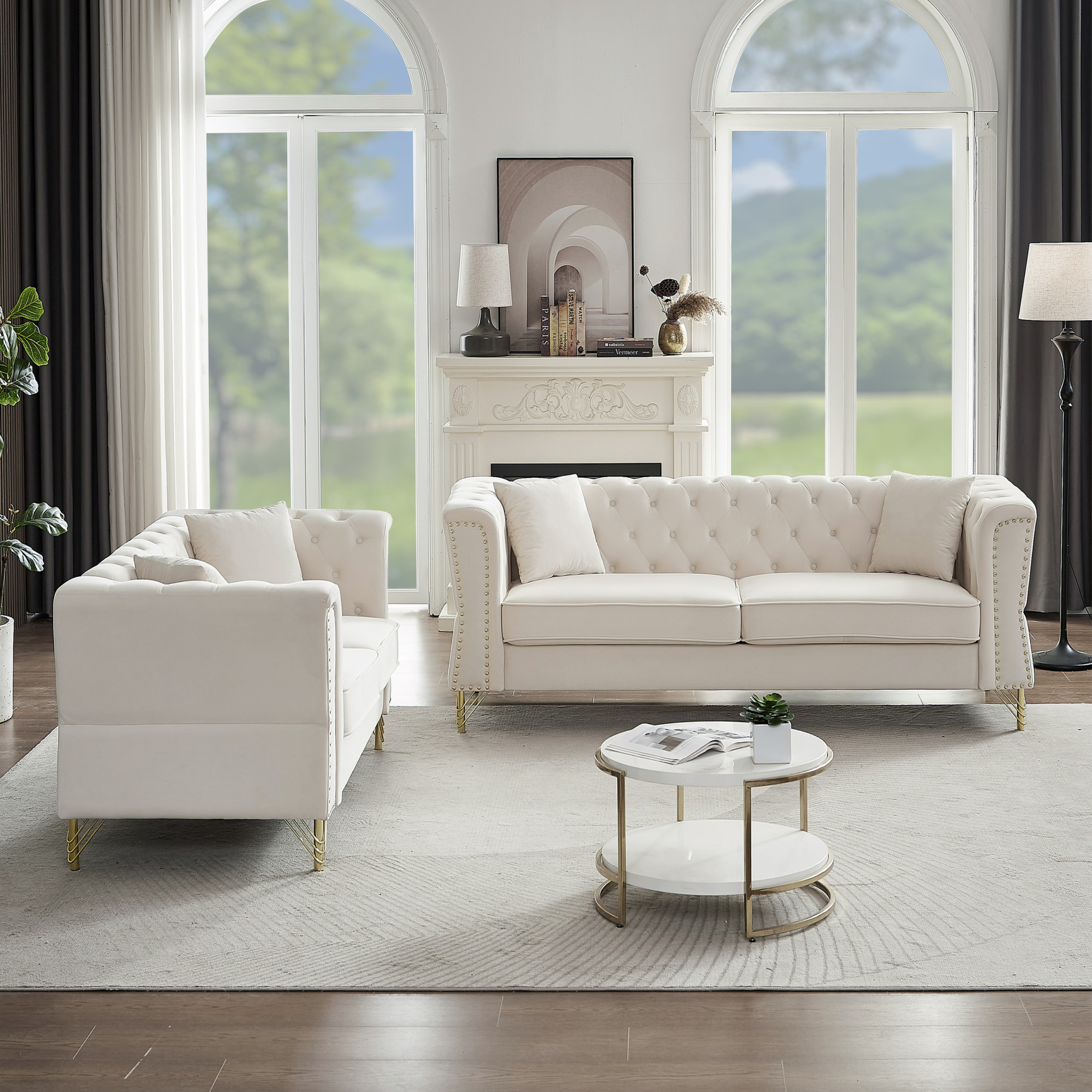 living room with tufted cream velvet sofa with scroll arms