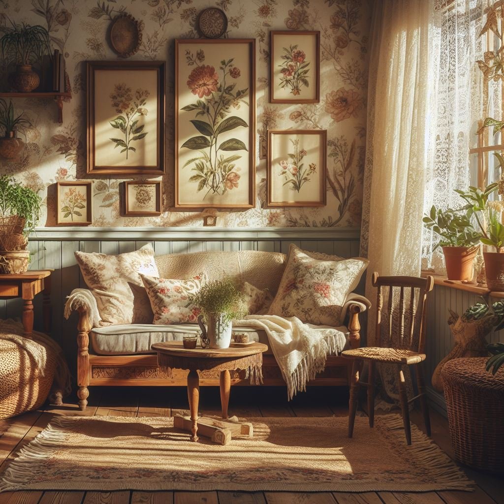 living room with cottagecore green and brown color palette with floral wallpaper