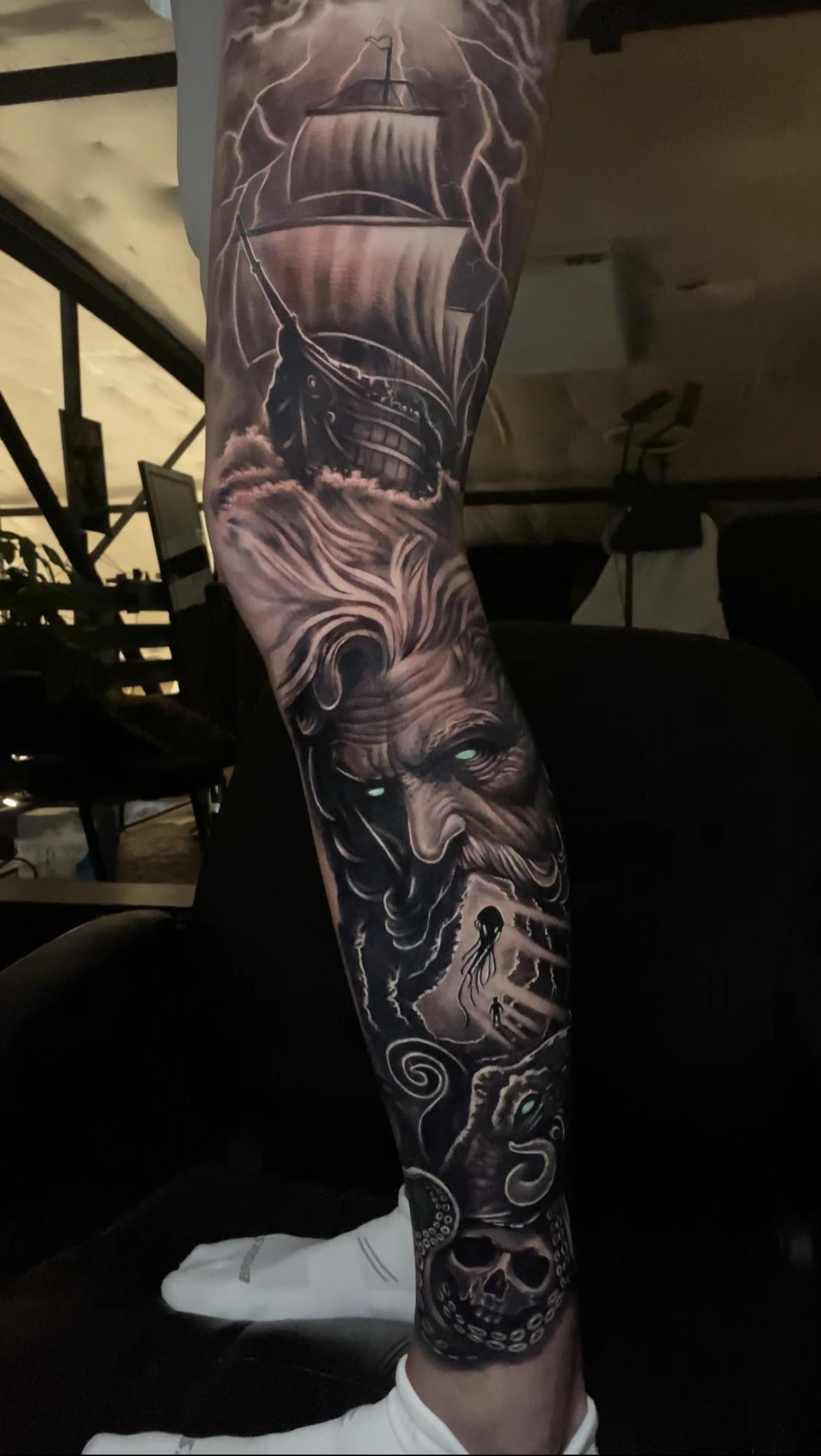 nautical theme leg sleeve tattoo