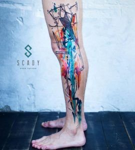 watercolor art leg sleeve tattoo