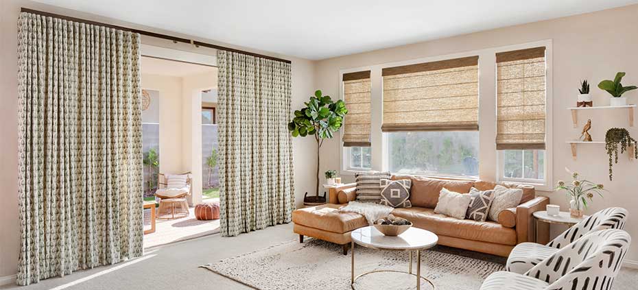 a stunning living room with roman shades