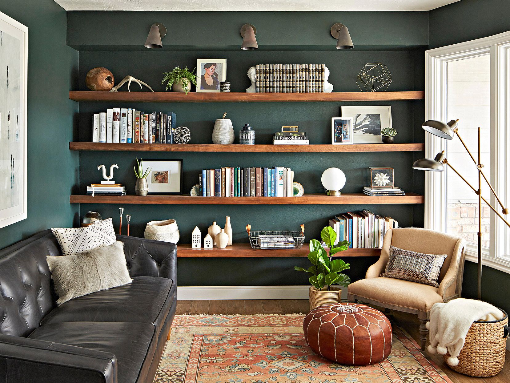 living room with modern farmhouse green and brown color palette with shiplap walls