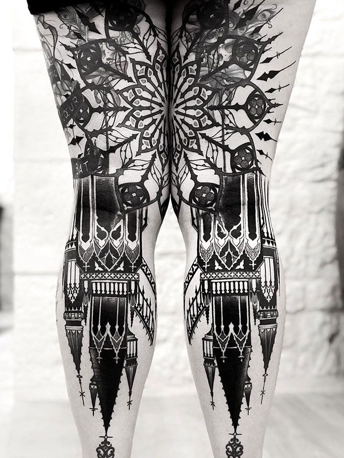 medieval art leg sleeve tattoo