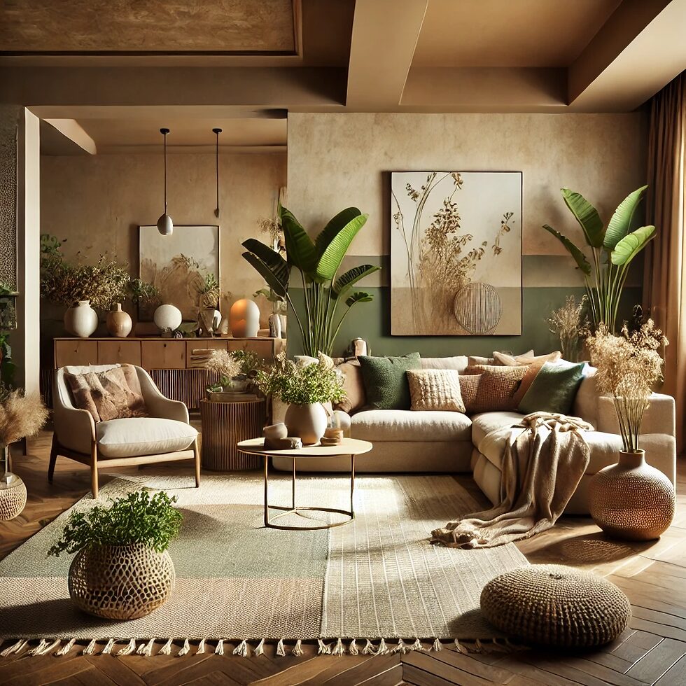 living room with earth tone green and brown color palette with wicker baskets