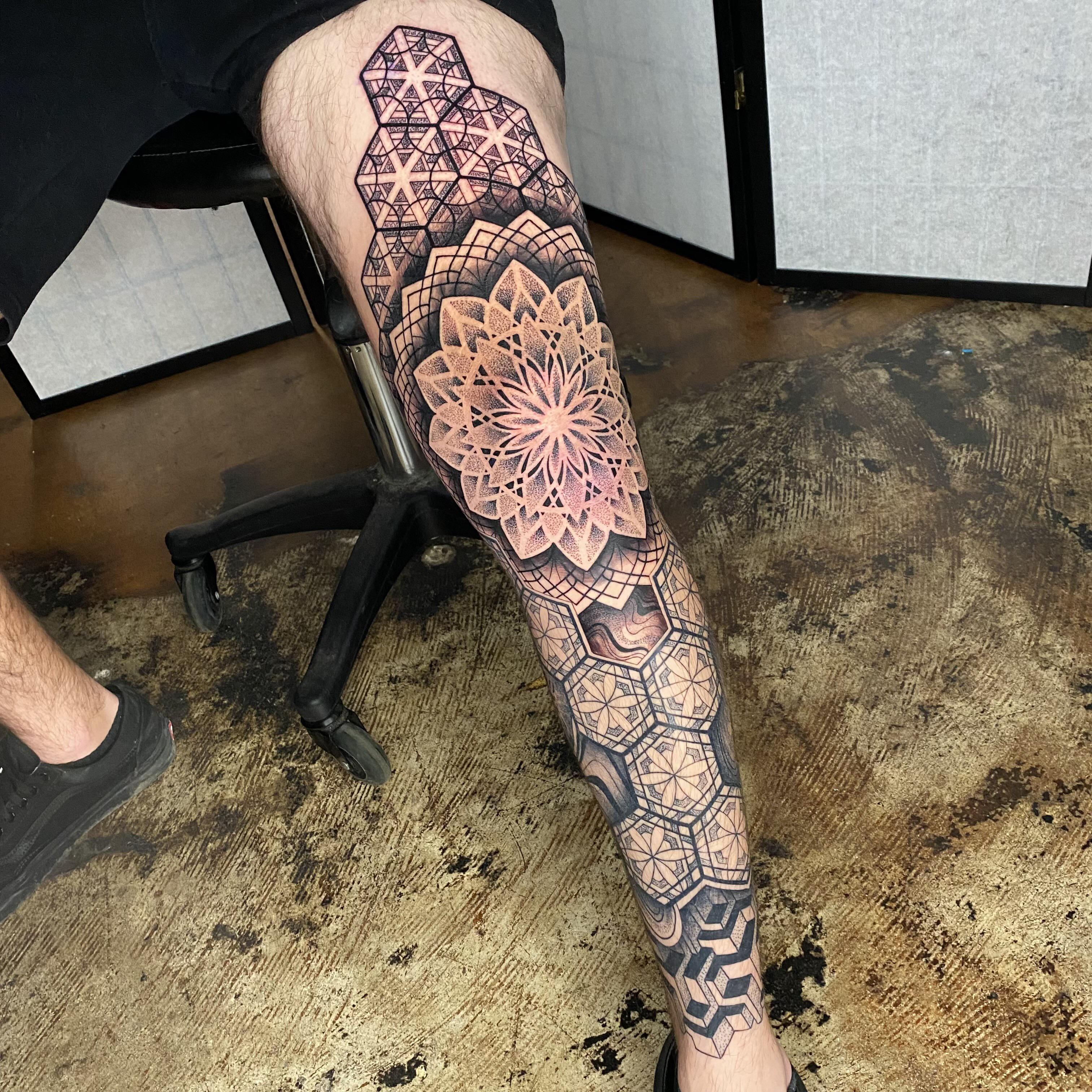geometric leg sleeve tattoo