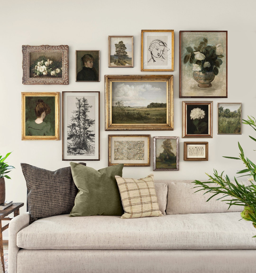 a vintage living room with gallery of portraits