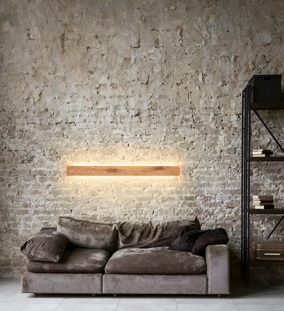living room with wood slice wall lamps for a natural aesthetic