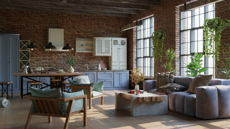 living room with industrial green and brown color palette with exposed brick