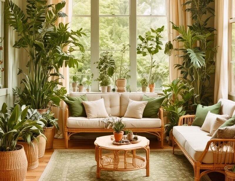 living room with urban jungle green and brown color palette with woven planters