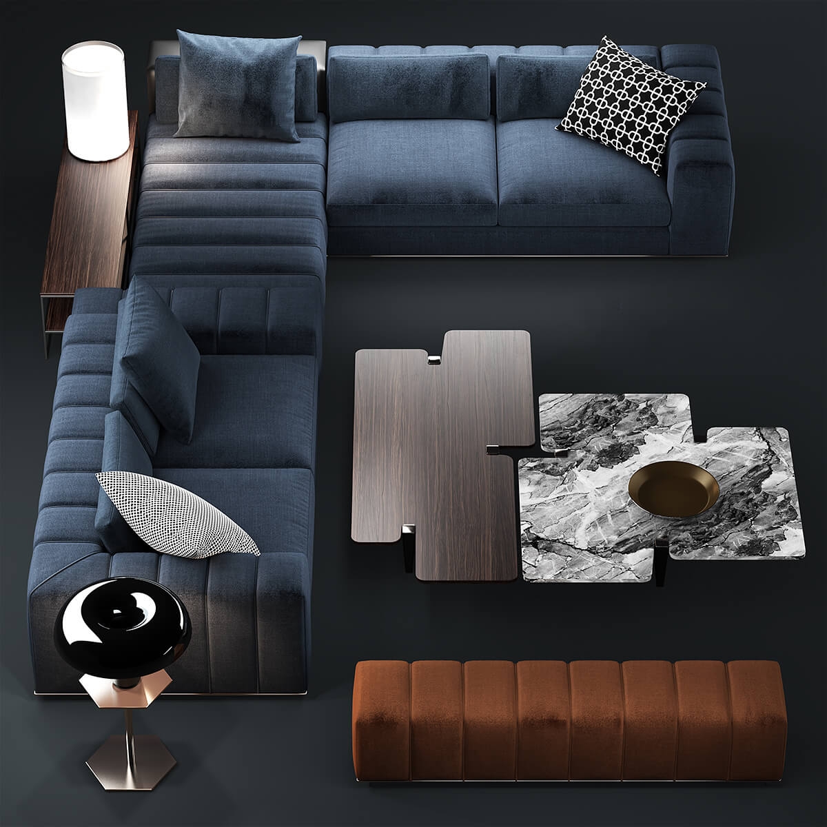 living room with industrial style navy blue couch with metal frame