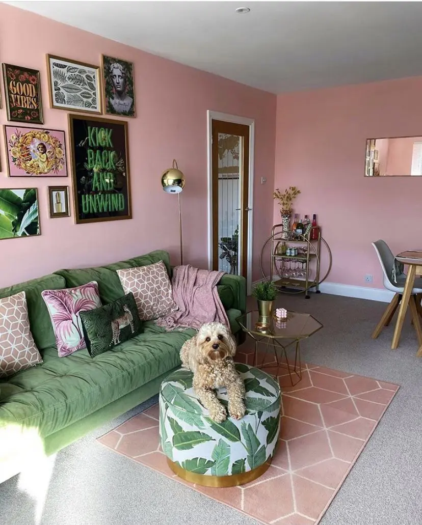 a pink and green living room with green throw pillows