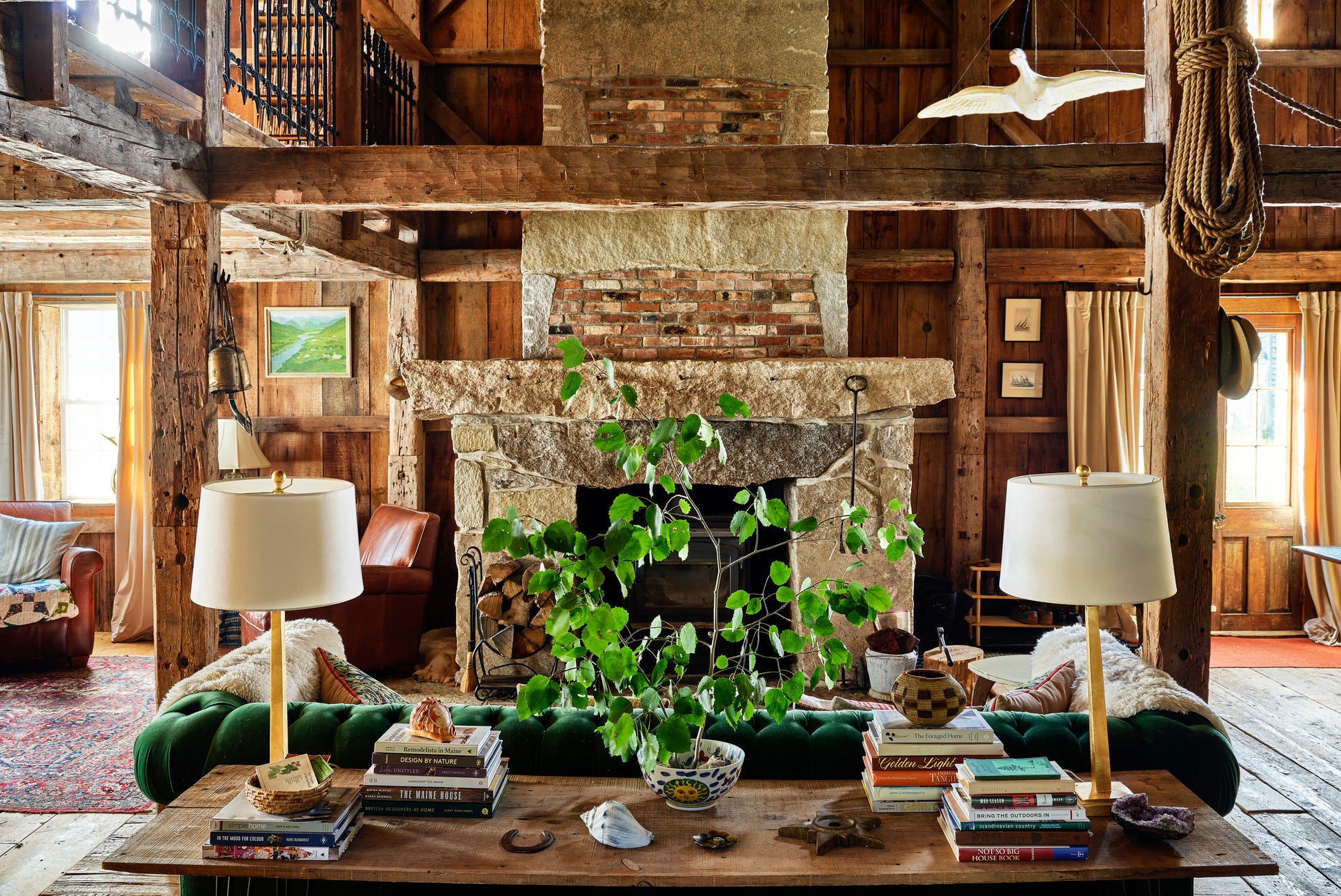 living room with modern rustic green and brown color palette with reclaimed wood furniture