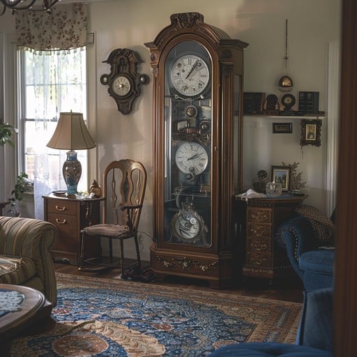 a soulful vintage living room with vintage clocks