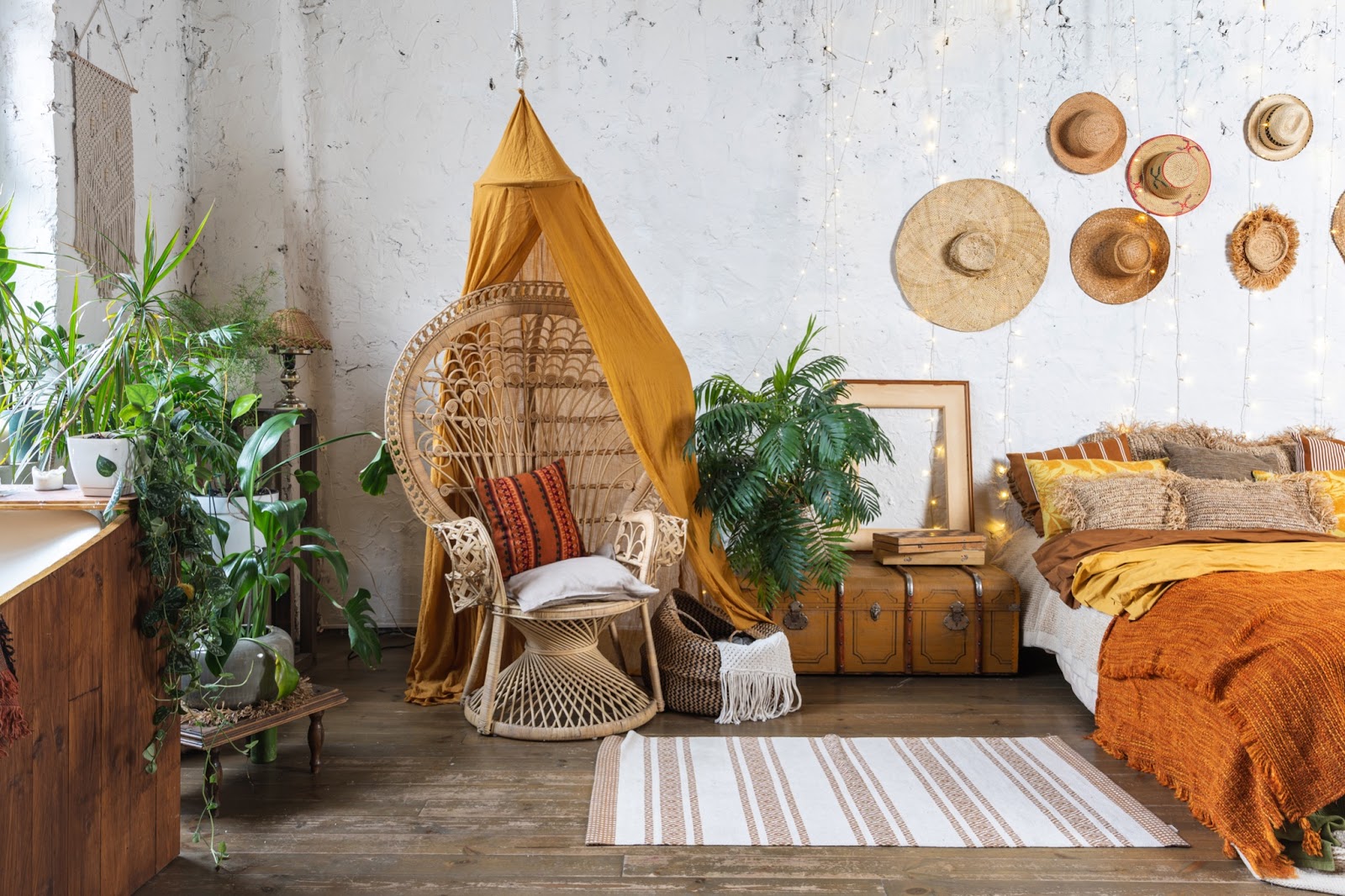 living room with bohemian green and brown color palette with macrame accents