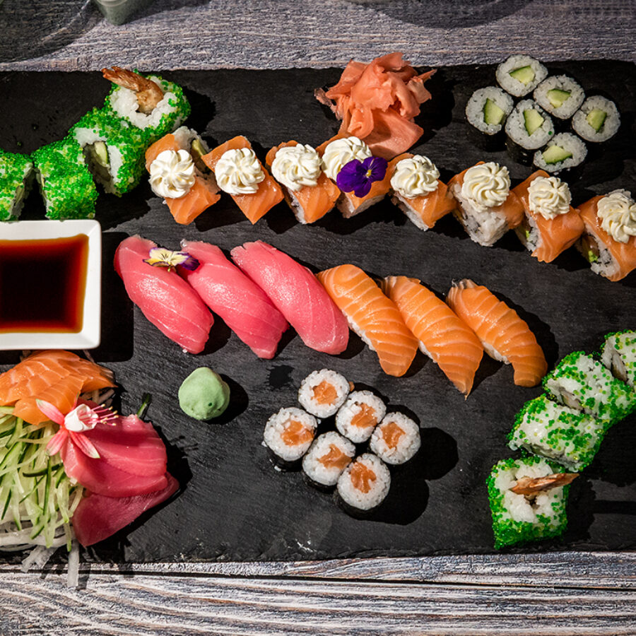 a beautiful sushi platter with 20 pieces