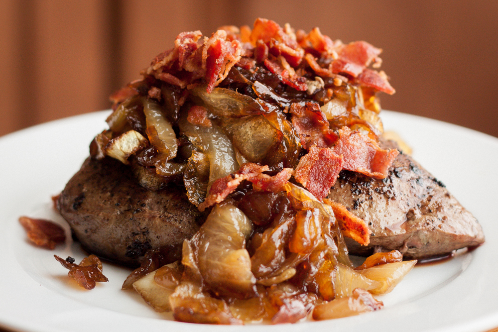 a classic liver and onions with caramelized onions