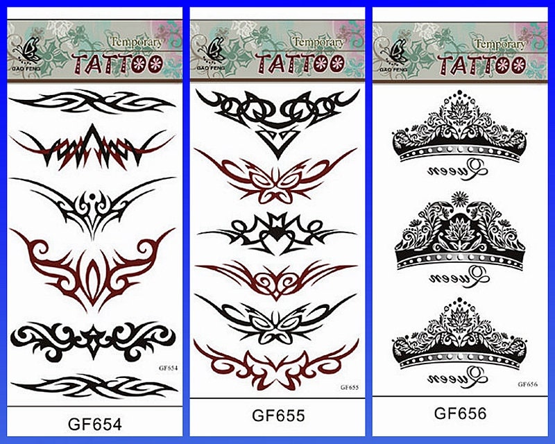 **Tribal Elegance Meets Modern Flair** 🖤

Three stunning temporary tattoo sheets showcase the timeless appeal of tribal artistry with a contemporary twist. The first sheet (GF654) features bold geometric patterns and flowing tribal bands perfect for arms or shoulders, while the second (GF655) offers intricate symmetrical designs with striking red accents that create beautiful lower back or chest pieces. Sheet GF656 brings regal sophistication with ornate crown motifs that transform any placement into a statement of power and grace.
