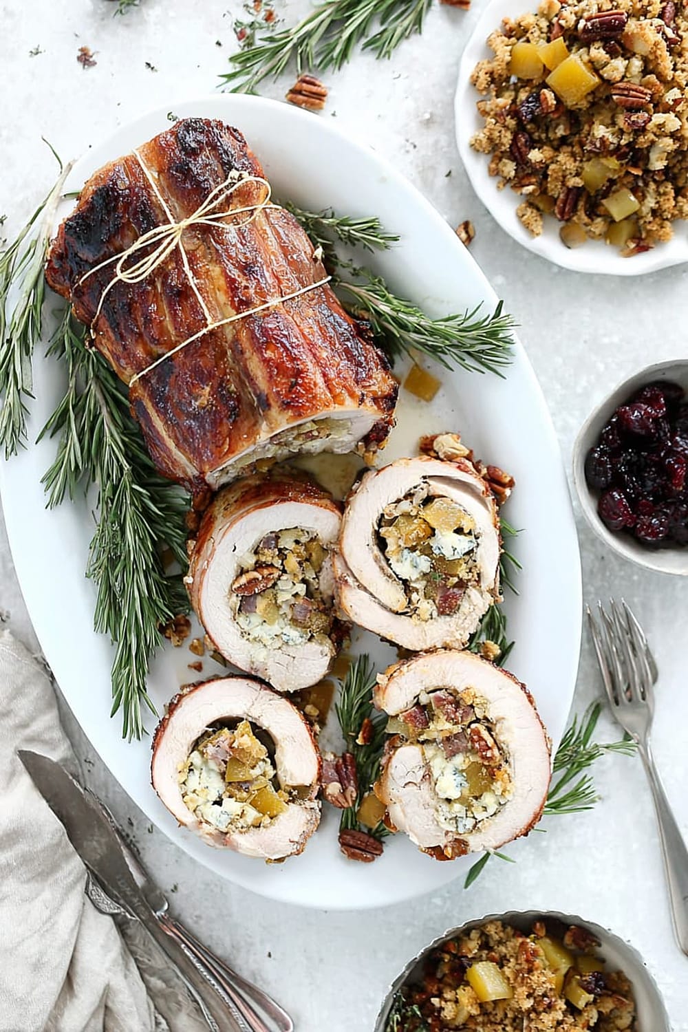 Bacon Pear and Blue Cheese Stuffed Pork Loin