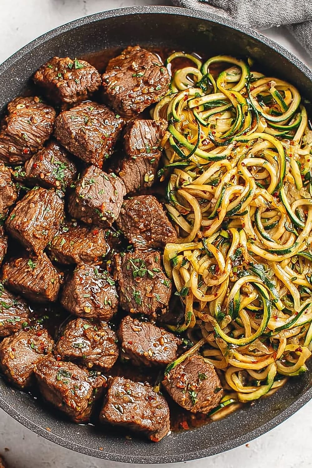 Garlic Butter Steak Bites with Lemon Zucchini Noodles