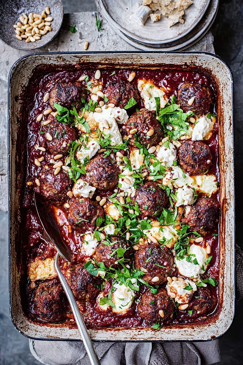 Greek Lamb Meatball, Feta and Tomato Bake