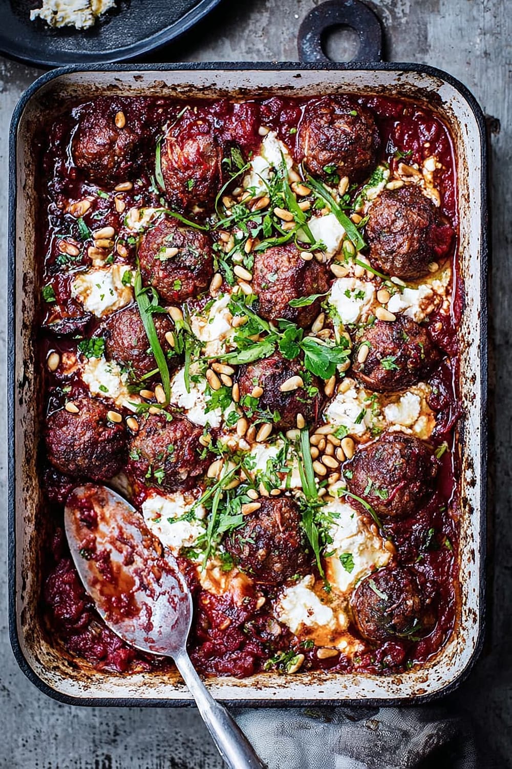 Greek Lamb Meatball, Feta and Tomato Bake