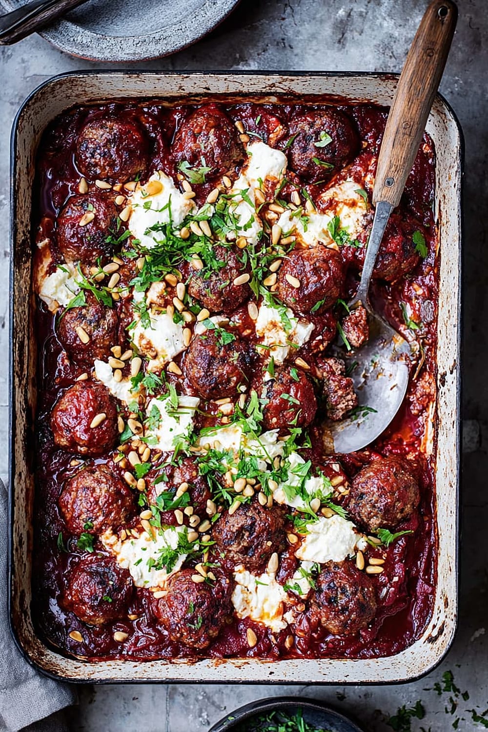 Greek Lamb Meatball, Feta and Tomato Bake