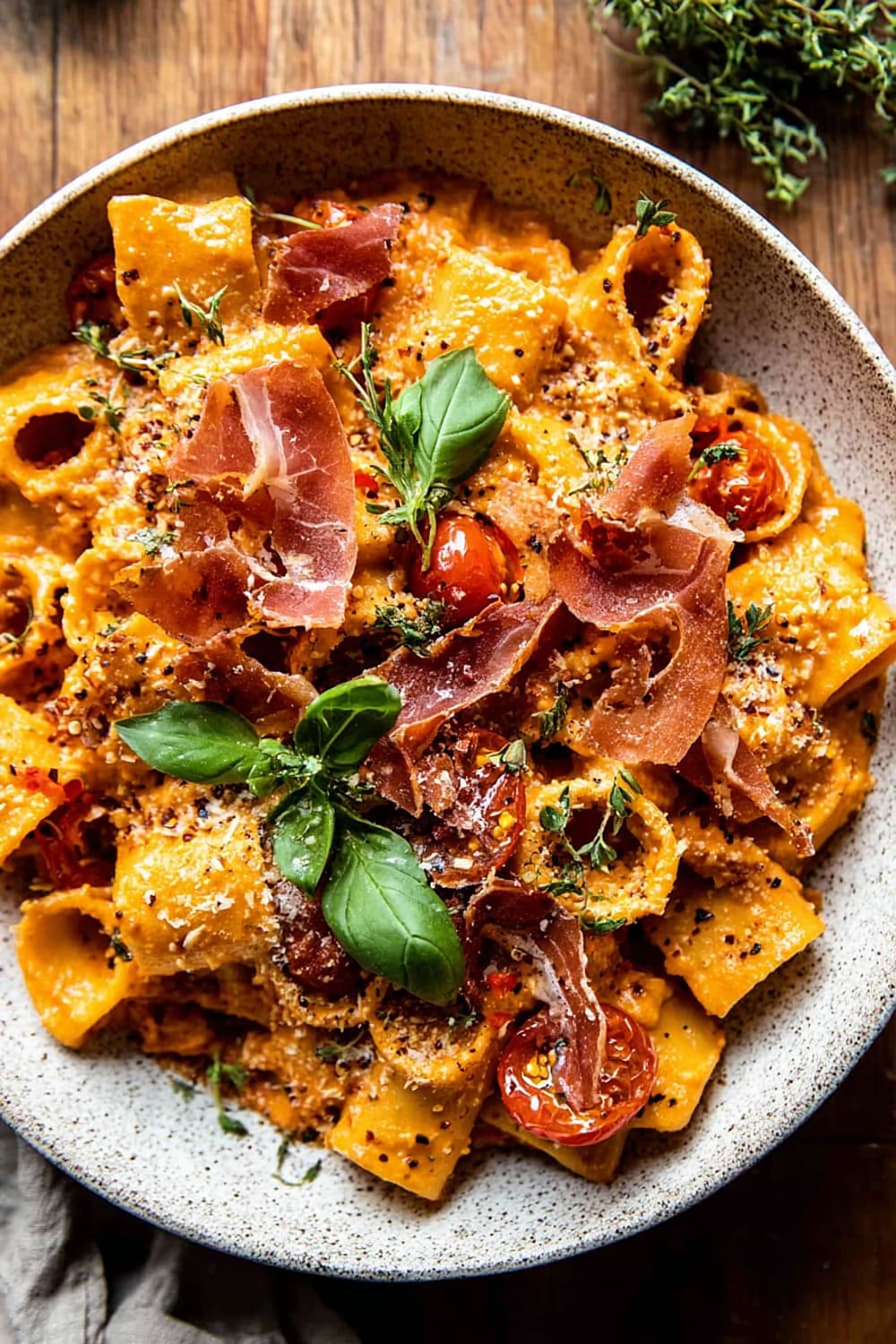 Creamy Roasted Tomato Ricotta Pasta with Crispy Prosciutto