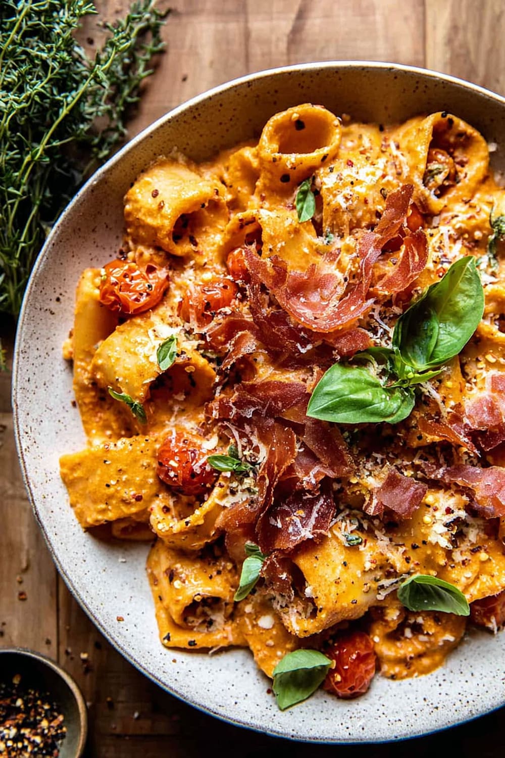 Creamy Roasted Tomato Ricotta Pasta with Crispy Prosciutto