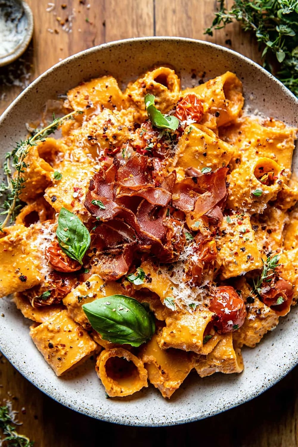 Creamy Roasted Tomato Ricotta Pasta with Crispy Prosciutto