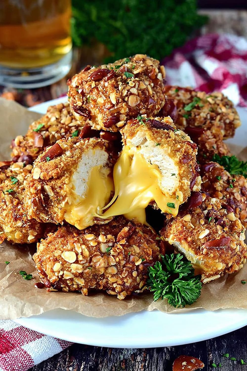 Pretzel-Crusted Chicken Nuggets Stuffed with Beer Cheese