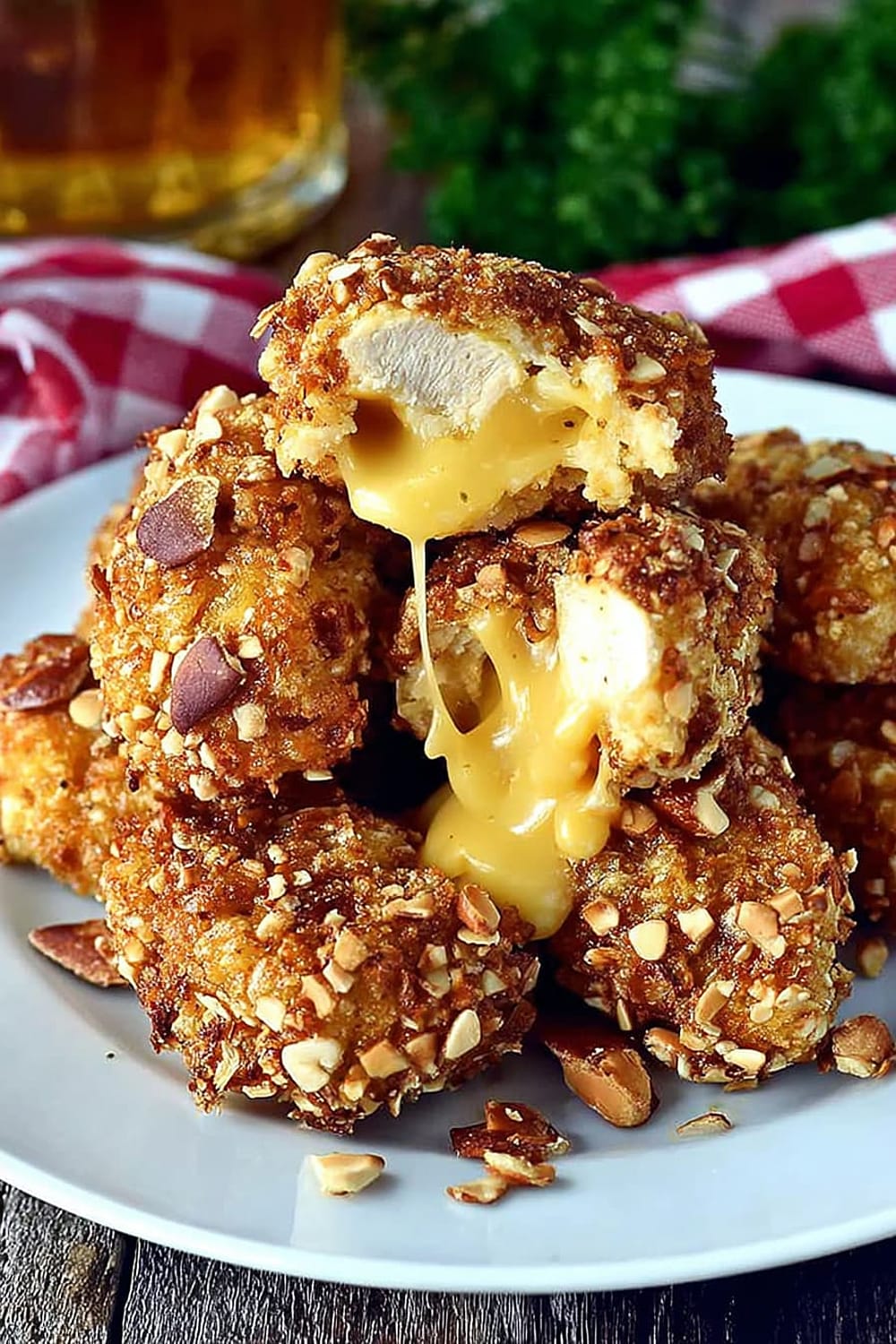 Pretzel-Crusted Chicken Nuggets Stuffed with Beer Cheese