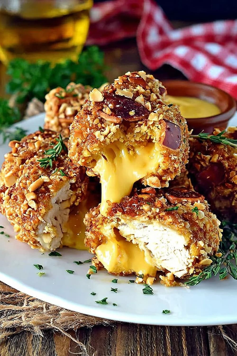 Pretzel-Crusted Chicken Nuggets Stuffed with Beer Cheese